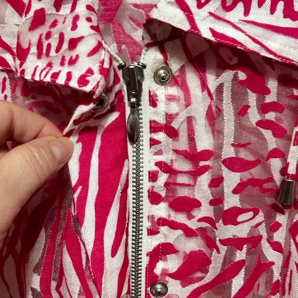 Chicos 3 Womens Sheer Zip Jacket XL Pink White Animal Print Drawstring Boho Chic - Picture 5 of 13